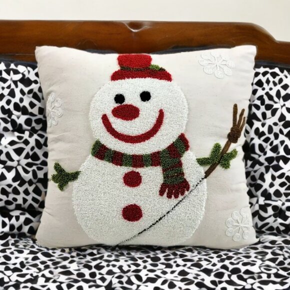 Snowman Pillow Cover Christmas Decor Embroidered Holiday Xmas Accent Throw Case - Picture 8 of 11